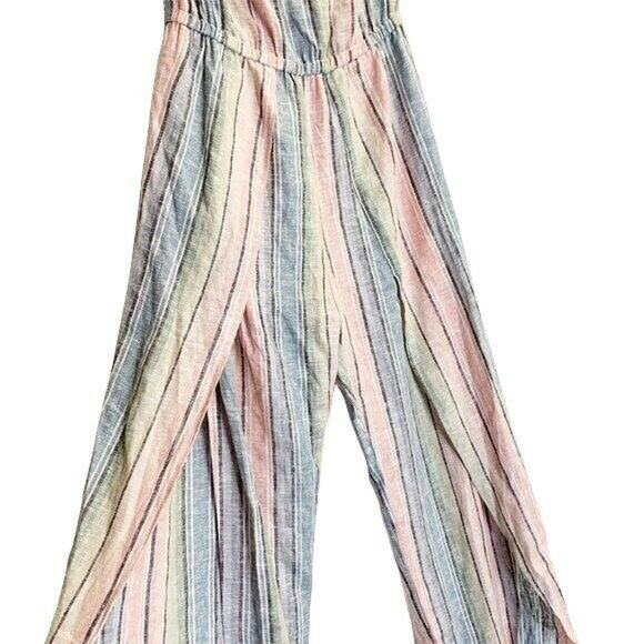 Drew Strapless Jumpsuit Split Hem Striped Linen Blend SZ xs NWT rainbow - Picture 11 of 11